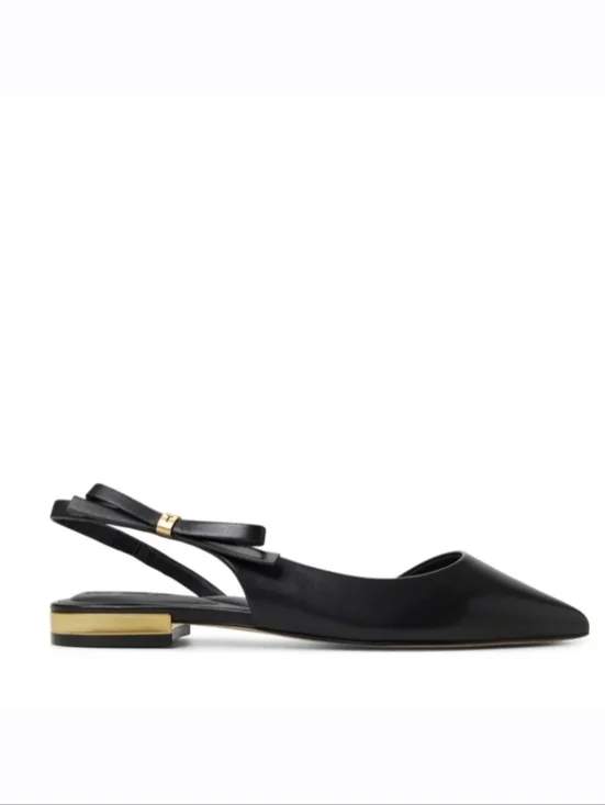 Ted Baker JANE Bow Slingback Flats Black Leather Pointed Toe Gold Detail Minimal - Picture 2 of 3